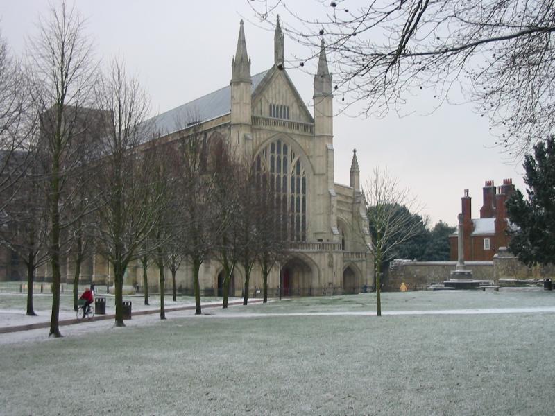Winchester Cathedral with a light dusting of snow